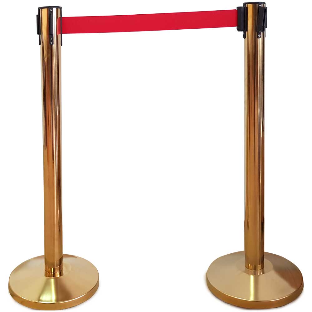 Gold Queuing Barrier Post with red retractable belt - PROMO !